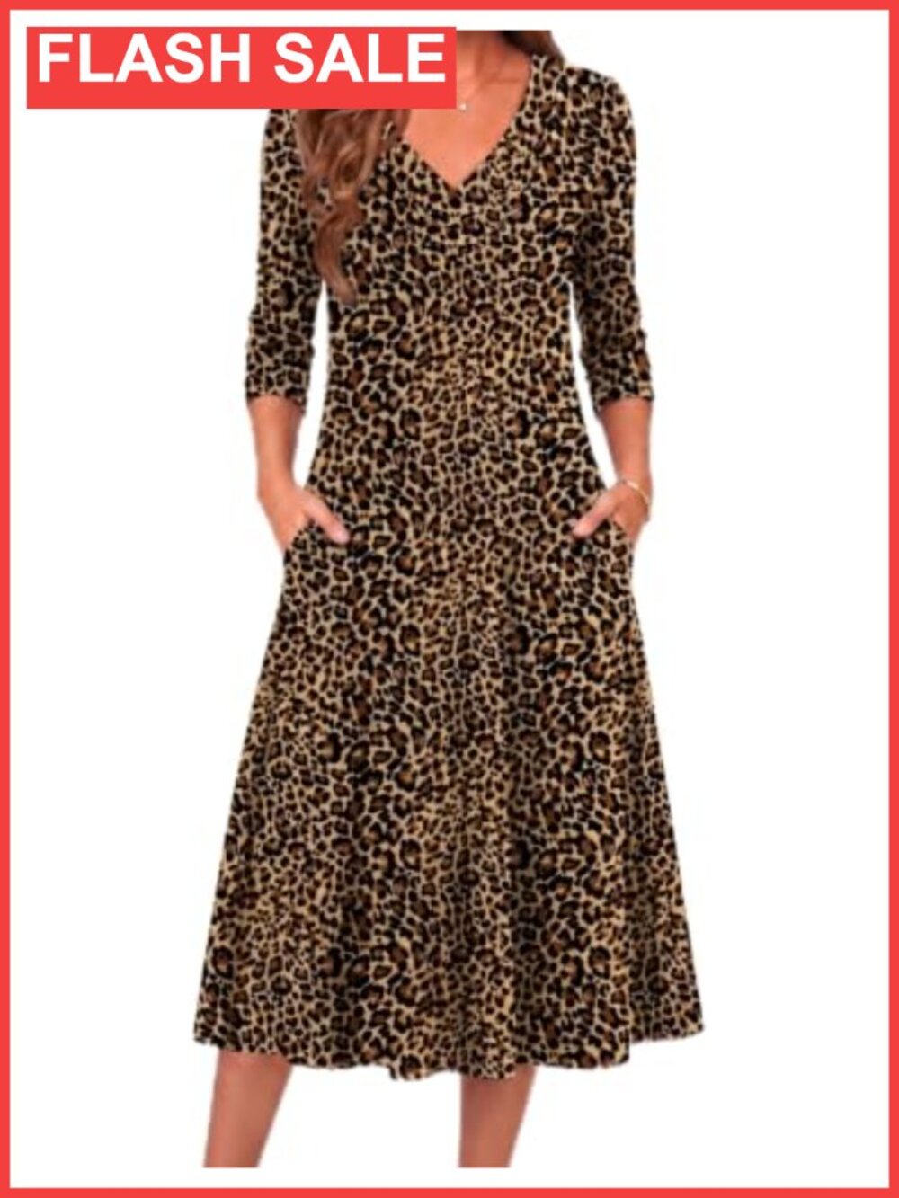 Long Sleeve Midi Dress with Pockets V-Neck A-Line Casual Fall